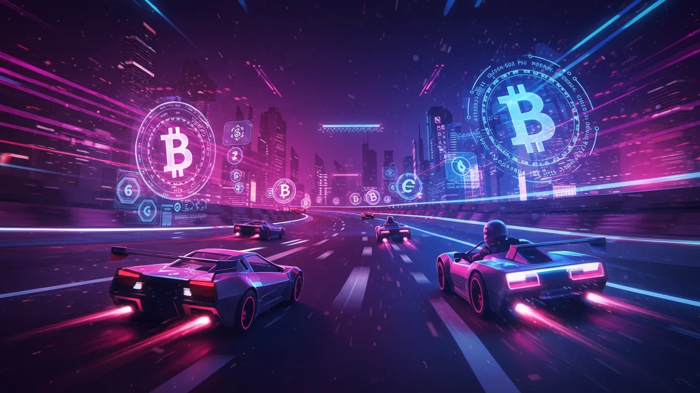 Vibrant digital art piece combining virtual racing and crypto gaming elements in a futuristic style