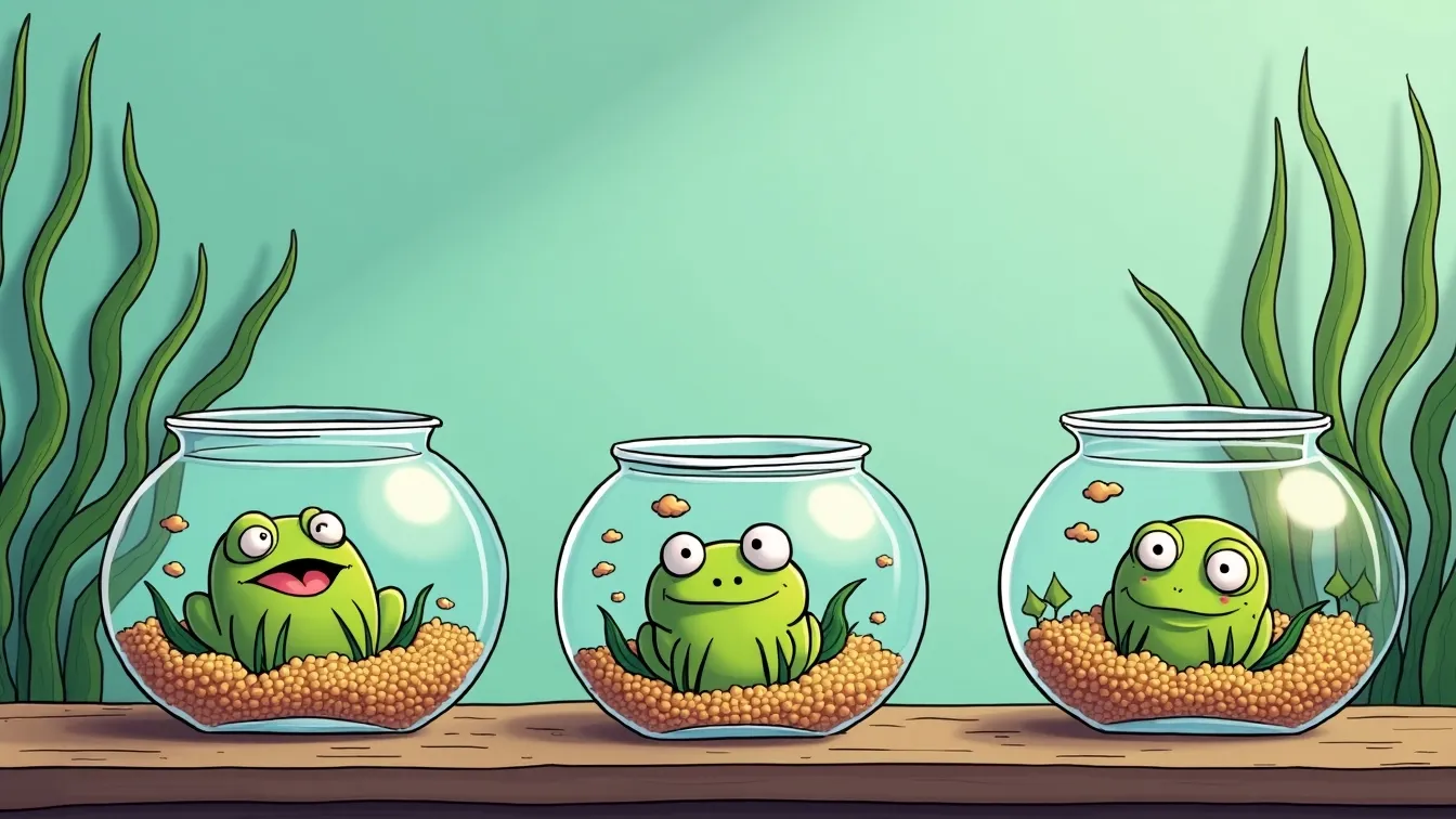 Cartoon fish bowls with Pepe-themed NFTs