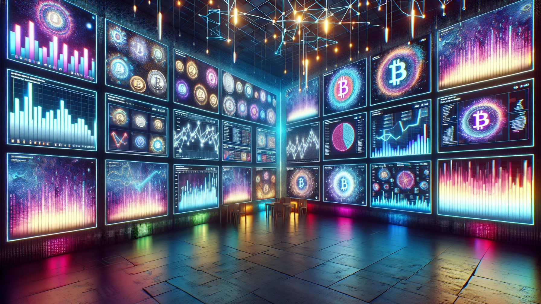 Futuristic gallery of NFTs as financial charts